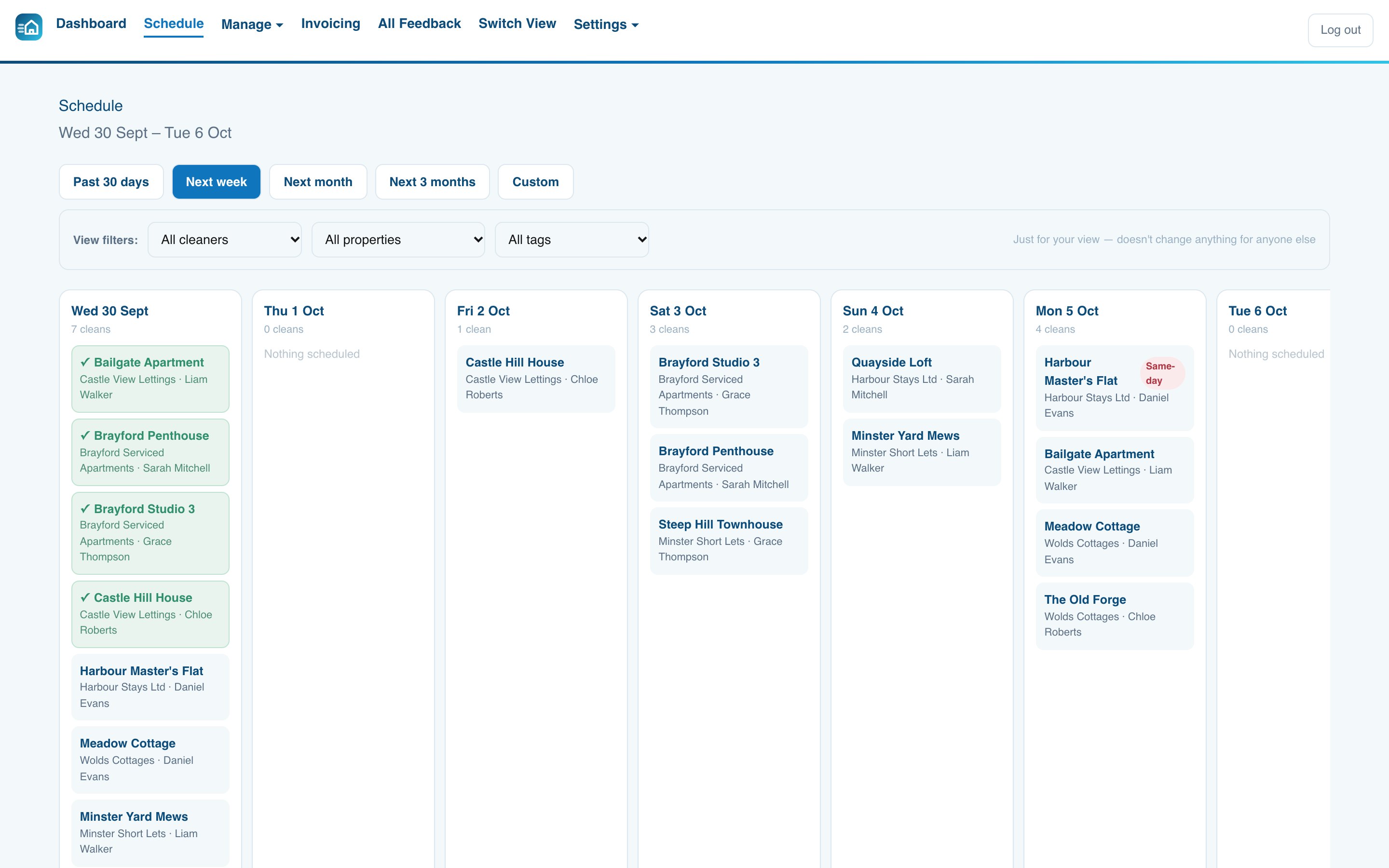 RoomZoom weekly schedule of turnover cleans